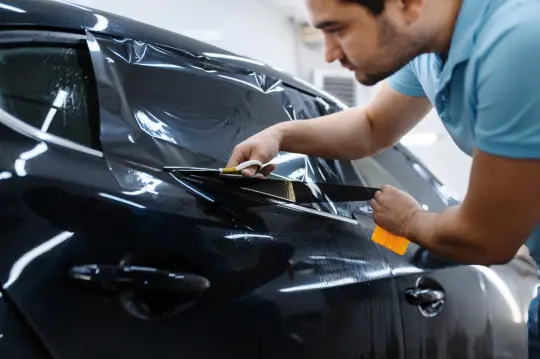 Trabajador tiñendo la ventana de su coche